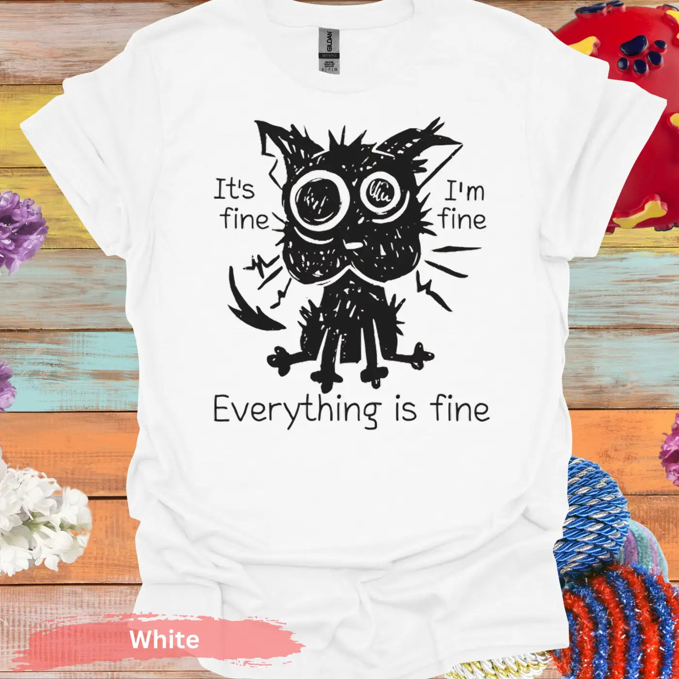 Everything Is Fine Black Cat T-shirt - S / White - Physical Item