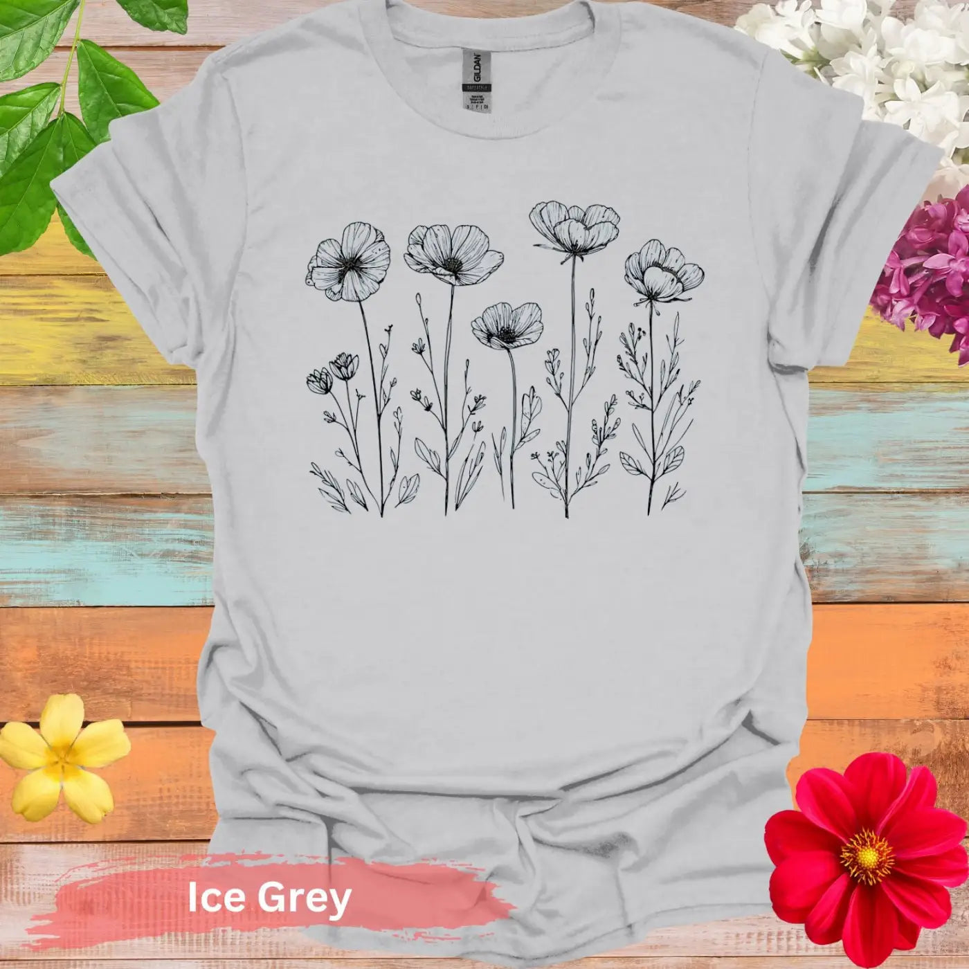 Stylish Doodle Flower Design Graphic T-Shirt - S / Ice Grey - Physical Item