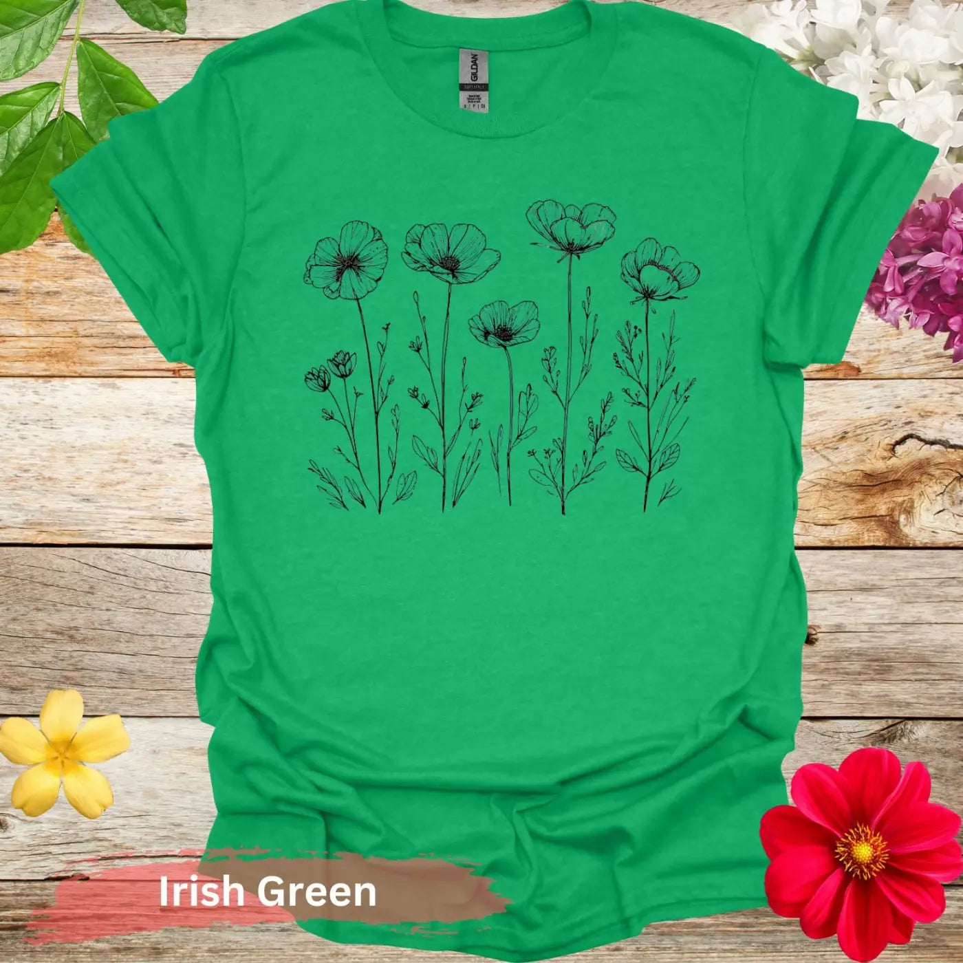 Stylish Doodle Flower Design Graphic T-Shirt - S / Irish Green - Physical Item