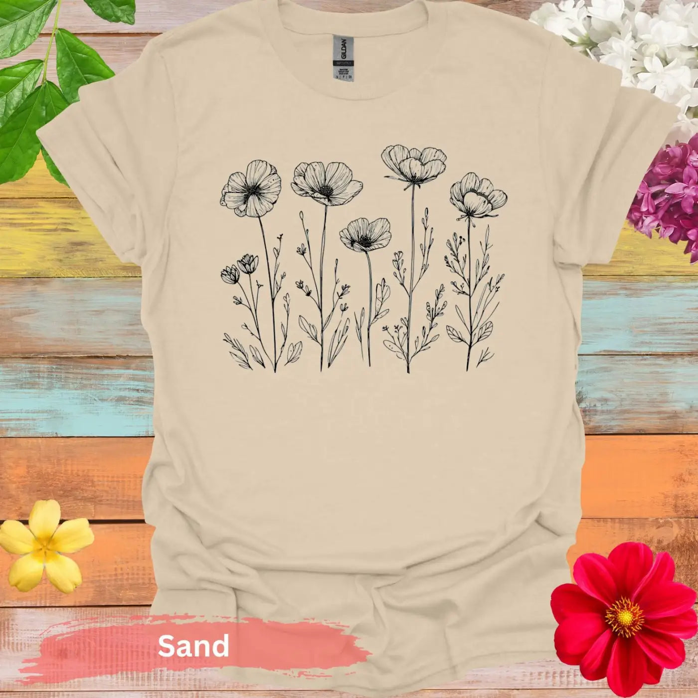 Stylish Doodle Flower Design Graphic T-Shirt - S / Sand - Physical Item