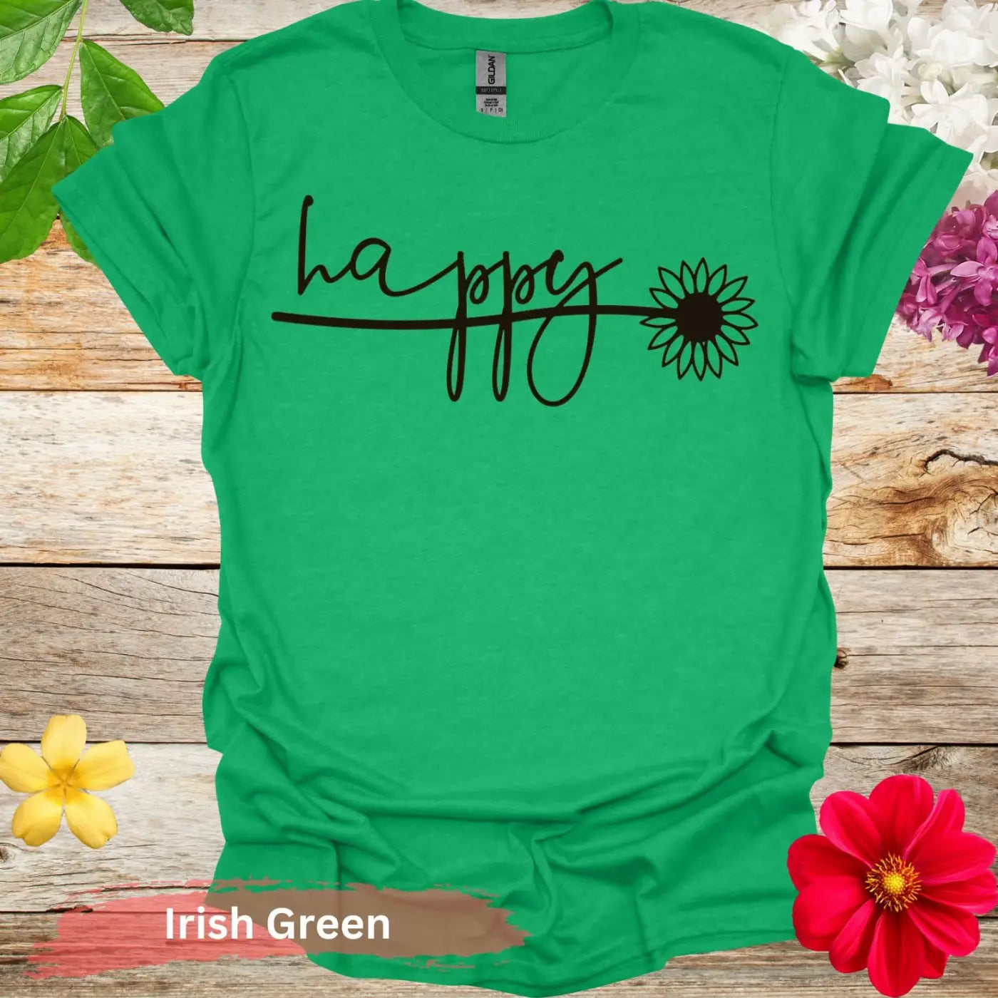 Stylish Happy Sunflower Graphic T-Shirt - S / Irish Green - Physical Item