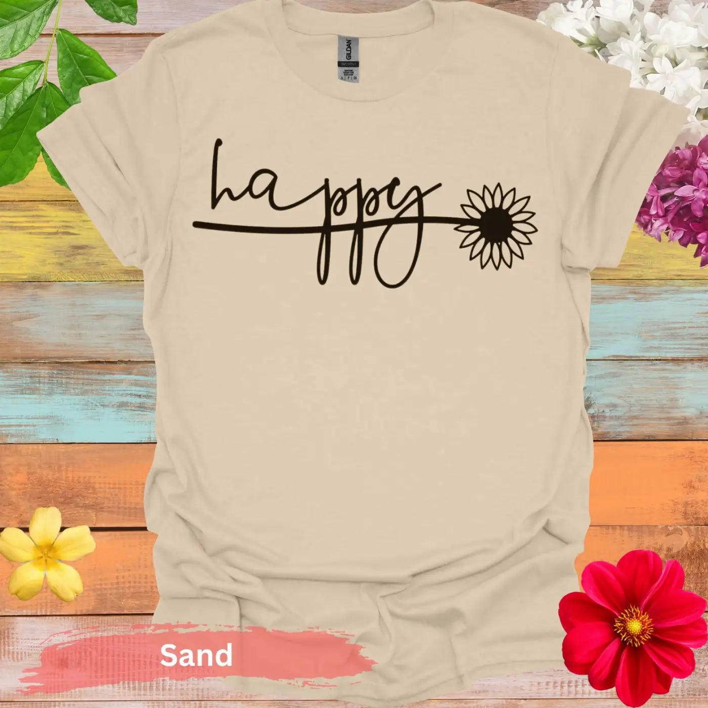 Stylish Happy Sunflower Graphic T-Shirt - S / Sand - Physical Item