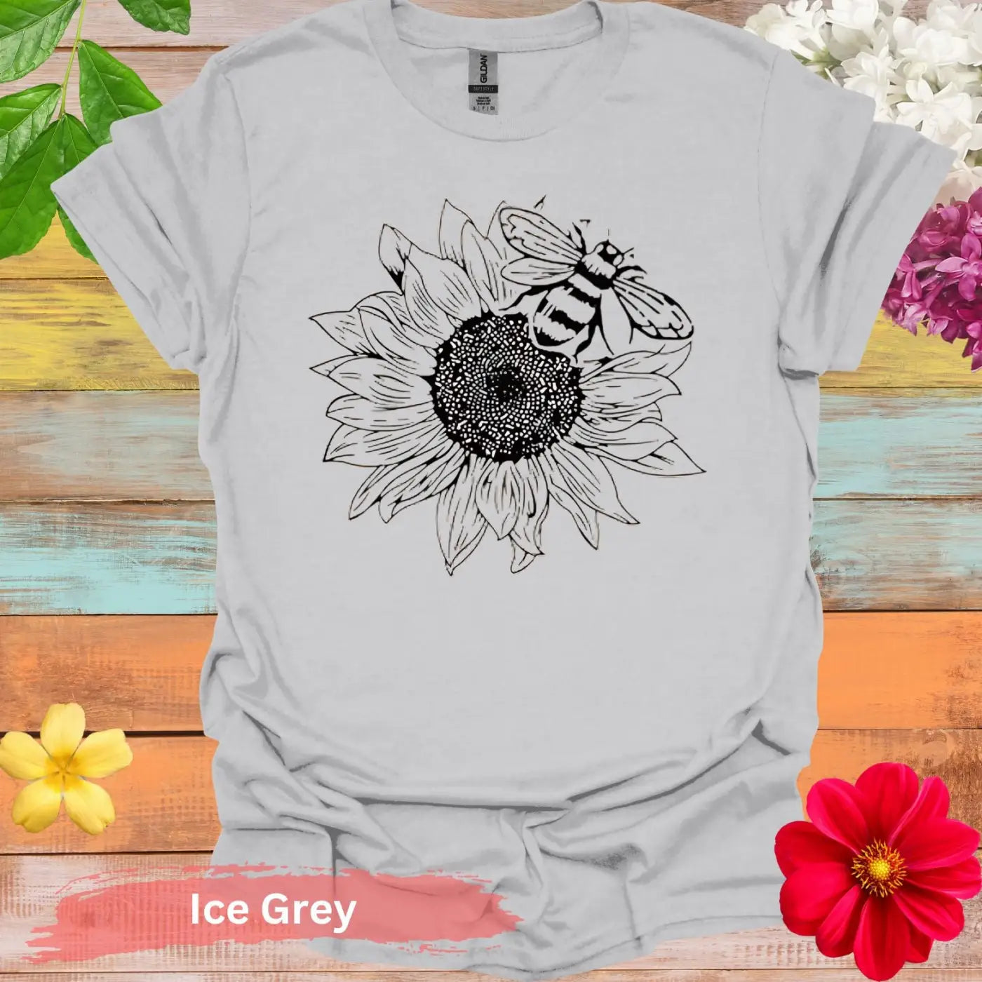 Sunflower and Bee Graphic T-Shirt - S / Ice Grey - Physical Item