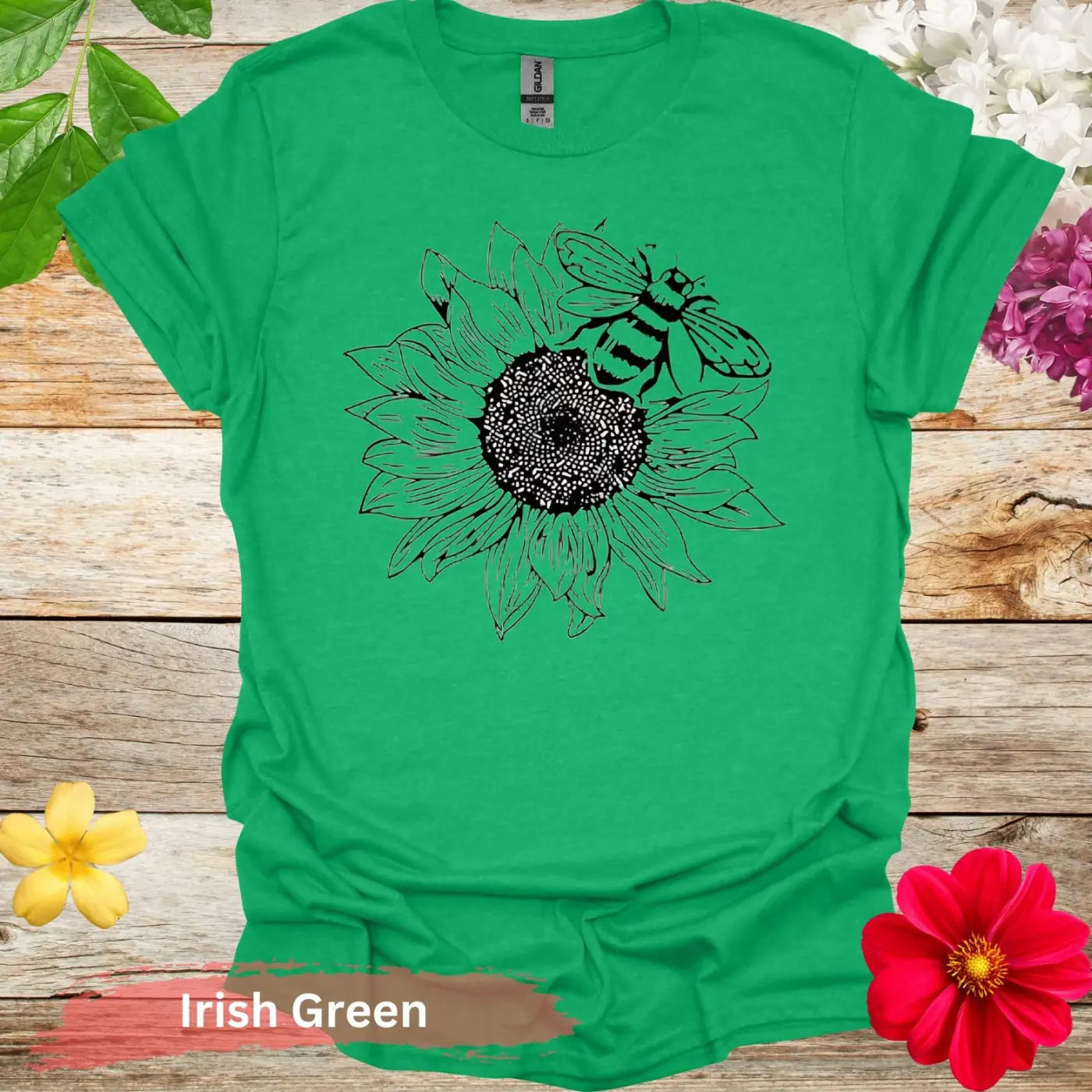 Sunflower and Bee Graphic T-Shirt - S / Irish Green - Physical Item