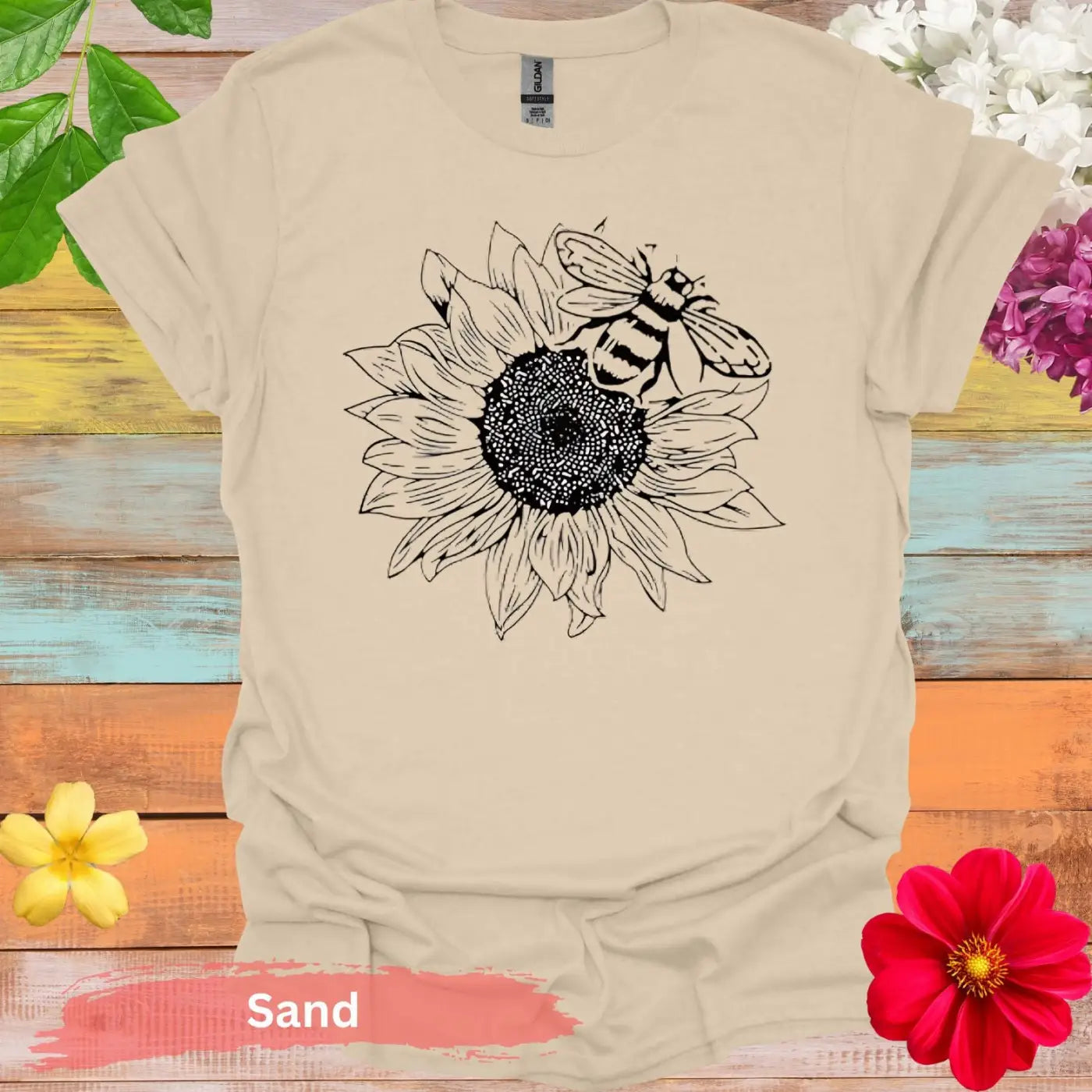 Sunflower and Bee Graphic T-Shirt - S / Sand - Physical Item