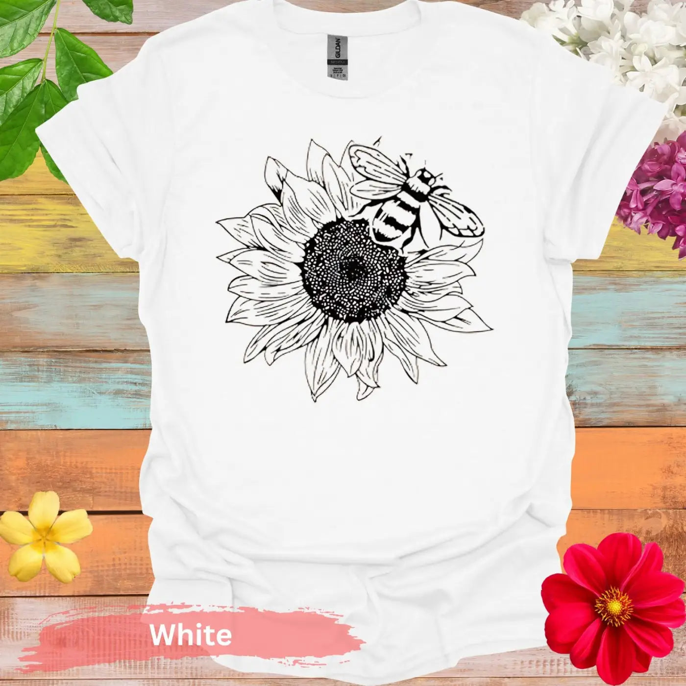 Sunflower and Bee Graphic T-Shirt - S / White - Physical Item