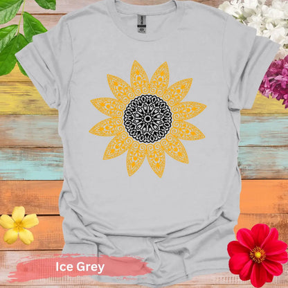 Sunflower Pattern Mandala Graphic T-Shirt - S / Ice Grey - Physical Item