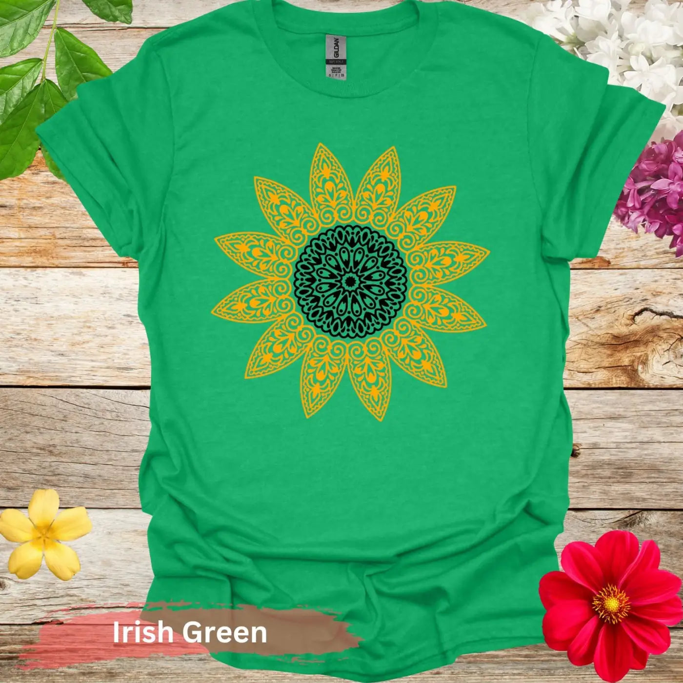 Sunflower Pattern Mandala Graphic T-Shirt - S / Irish Green - Physical Item