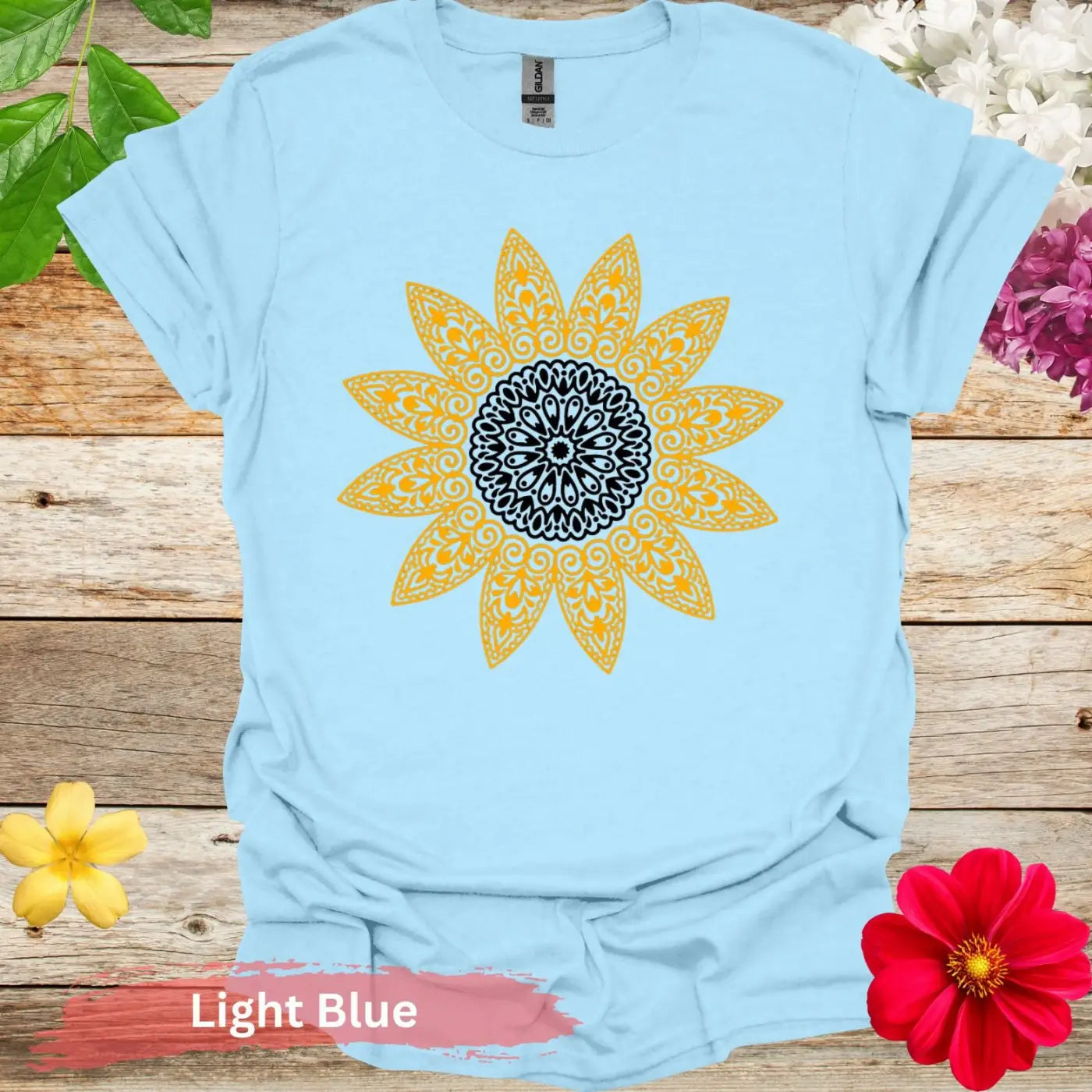 Sunflower Pattern Mandala Graphic T-Shirt - S / Light Blue - Physical Item