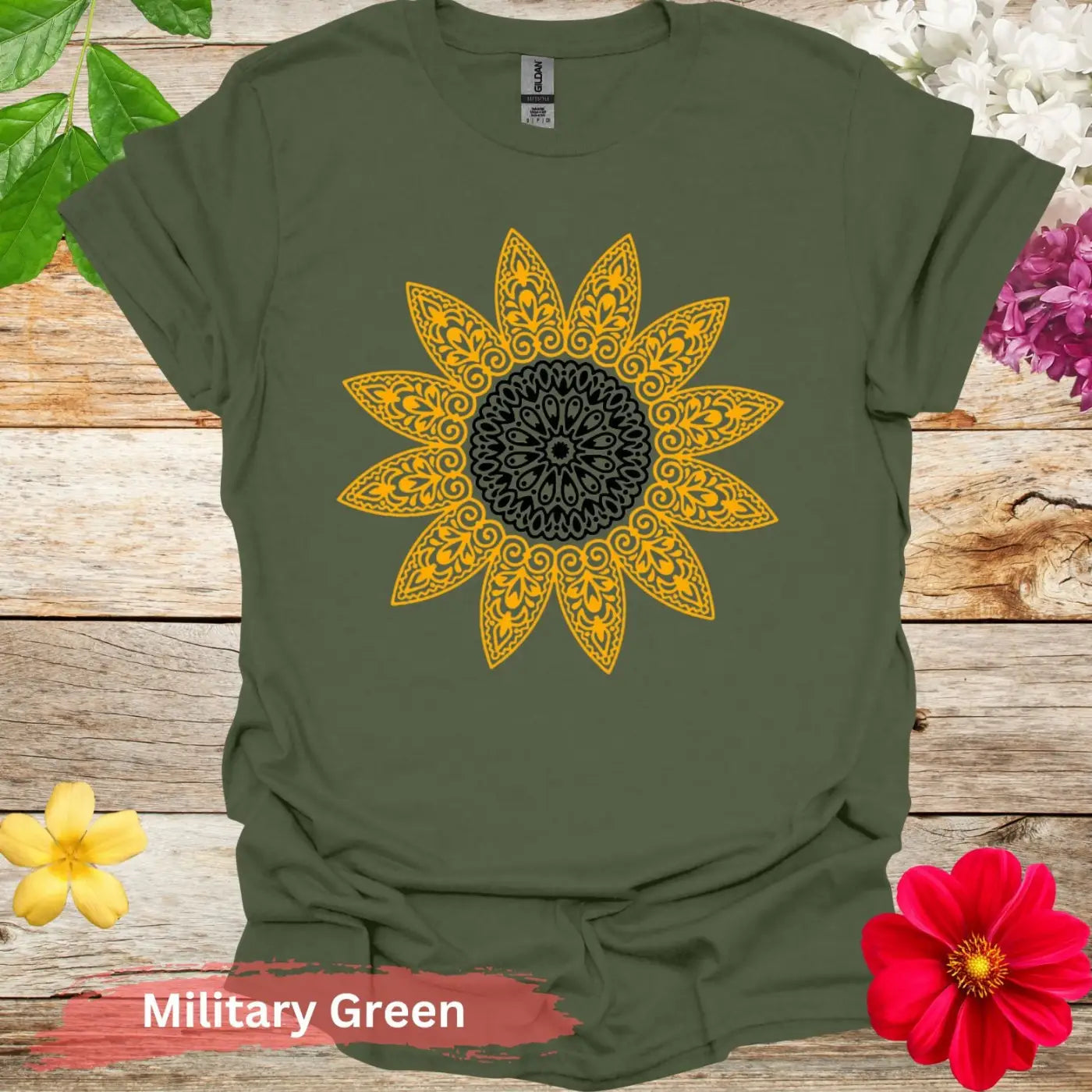 Sunflower Pattern Mandala Graphic T-Shirt - S / Military Green - Physical Item