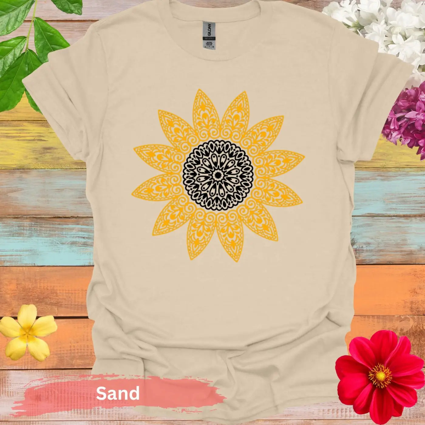 Sunflower Pattern Mandala Graphic T-Shirt - S / Sand - Physical Item