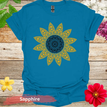 Sunflower Pattern Mandala Graphic T-Shirt - S / Sapphire - Physical Item