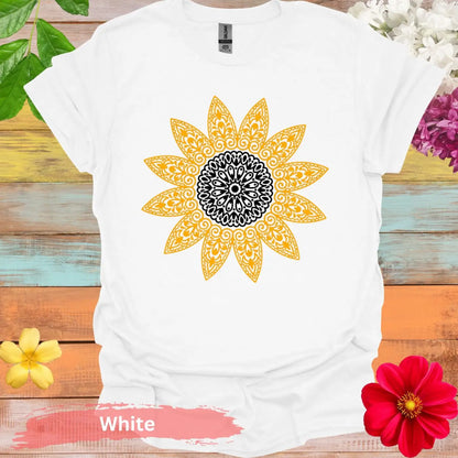 Sunflower Pattern Mandala Graphic T-Shirt - S / White - Physical Item