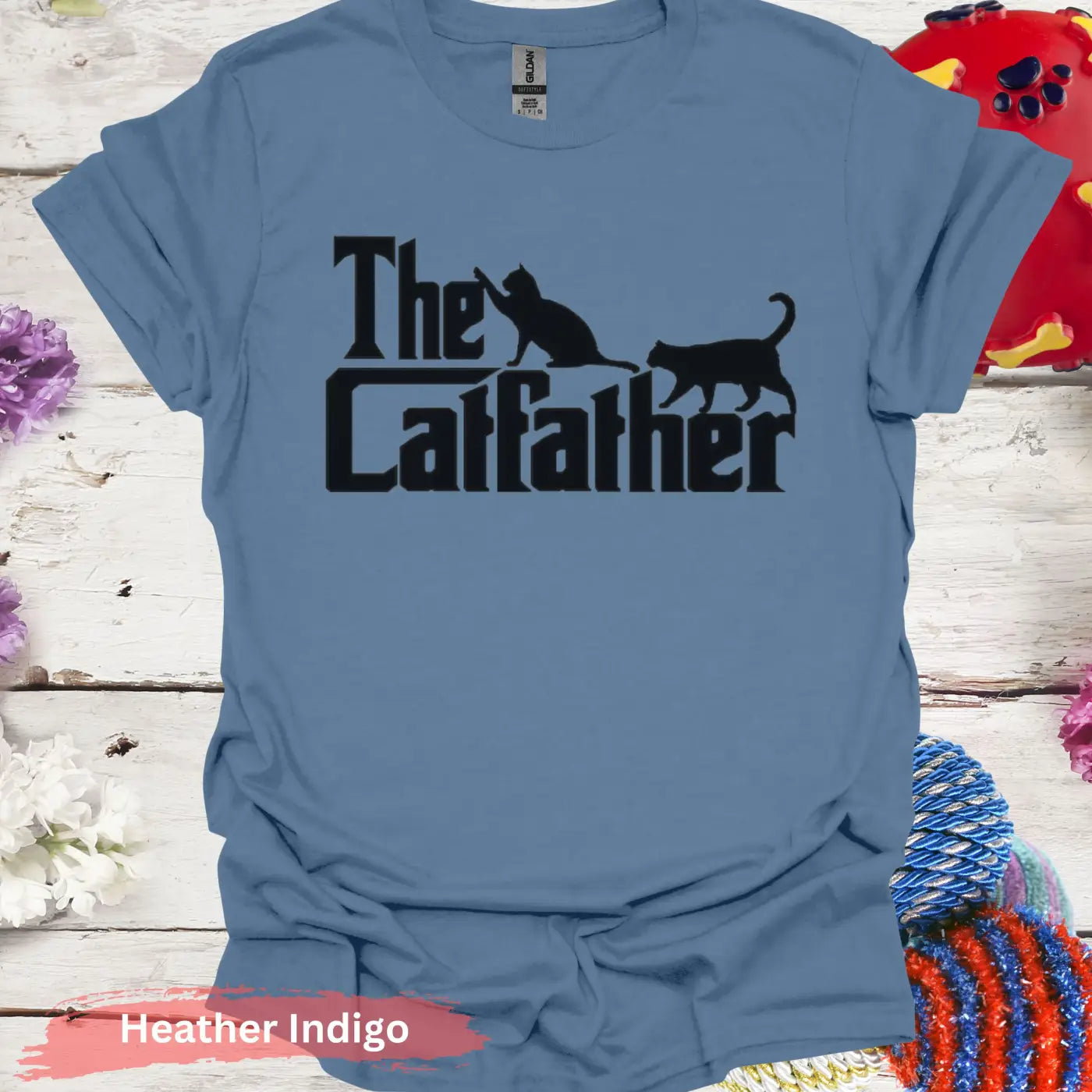 The Catfather with Black Cats T-shirt - S / Heather Indigo - Physical Item