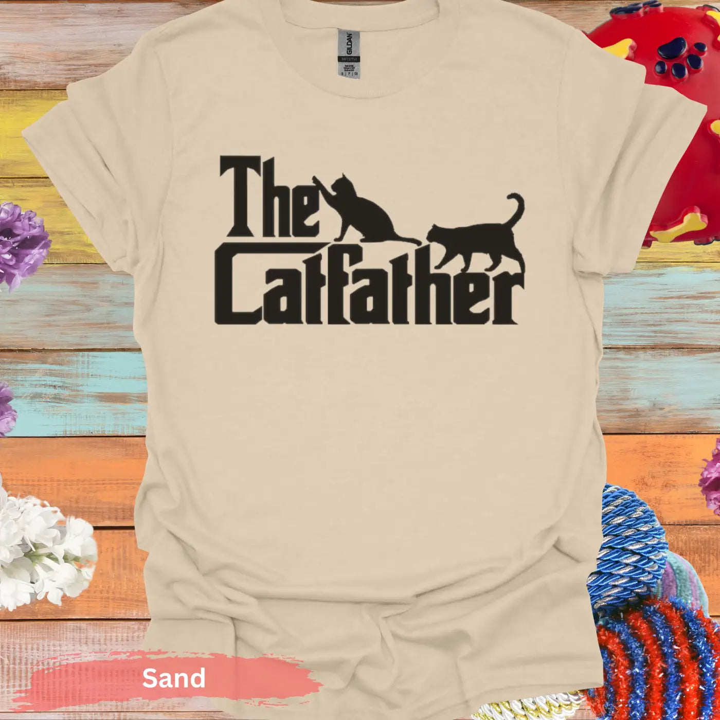 The Catfather with Black Cats T-shirt - S / Sand - Physical Item