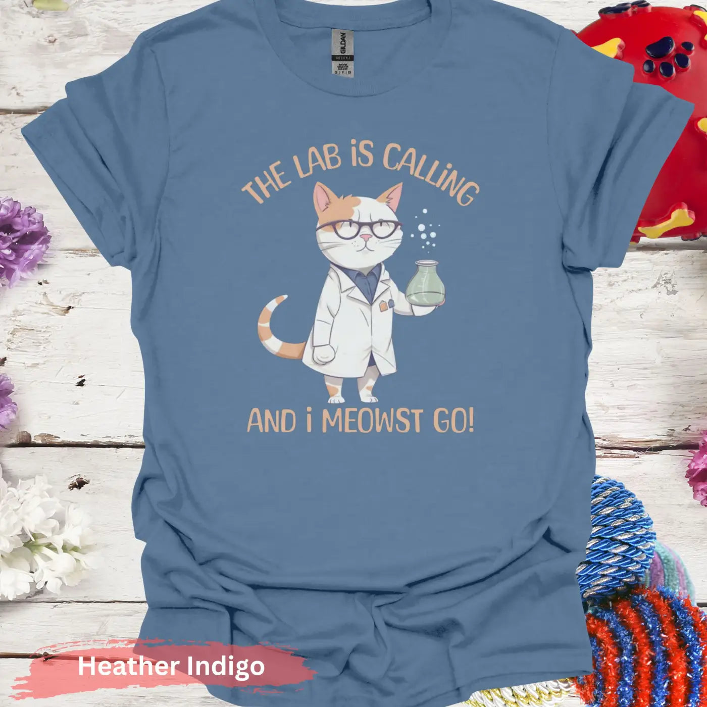 The Lab Is Calling And I Meowst Go T-Shirt - Heather Indigo / S - Physical Item