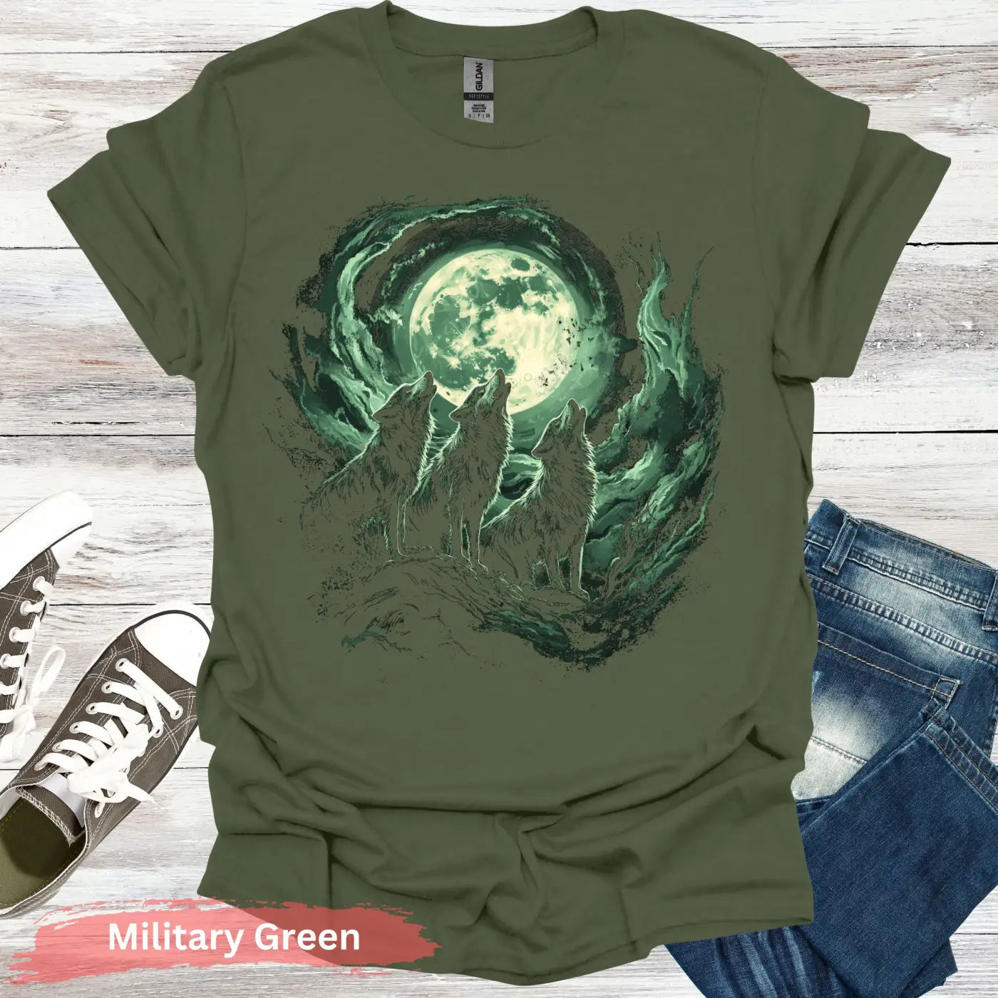 Three Wolves and a Moon T-shirt - S / Military Green - Physical Item