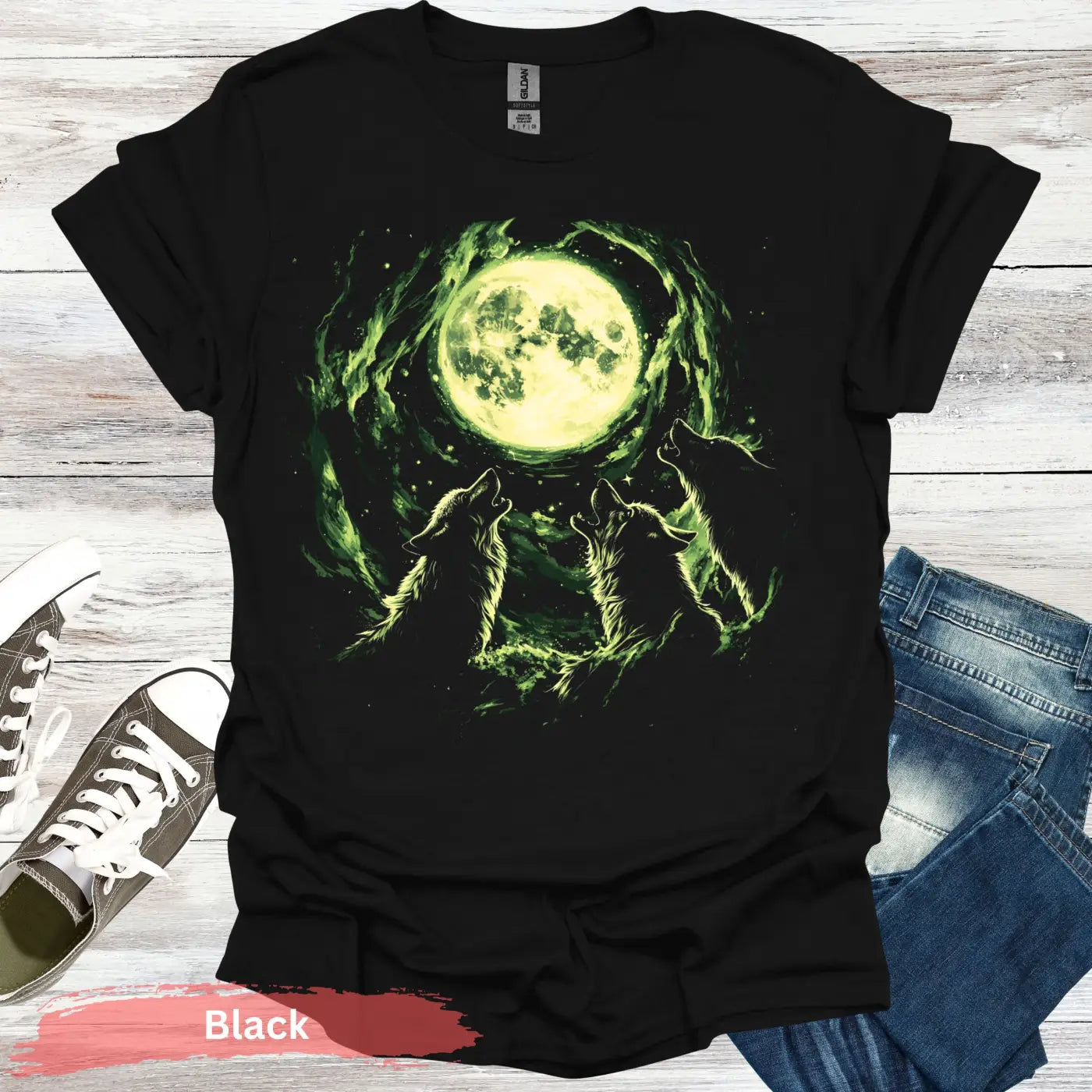 Three Wolves Howling at the Moon T-Shirt - S / Black - Physical Item