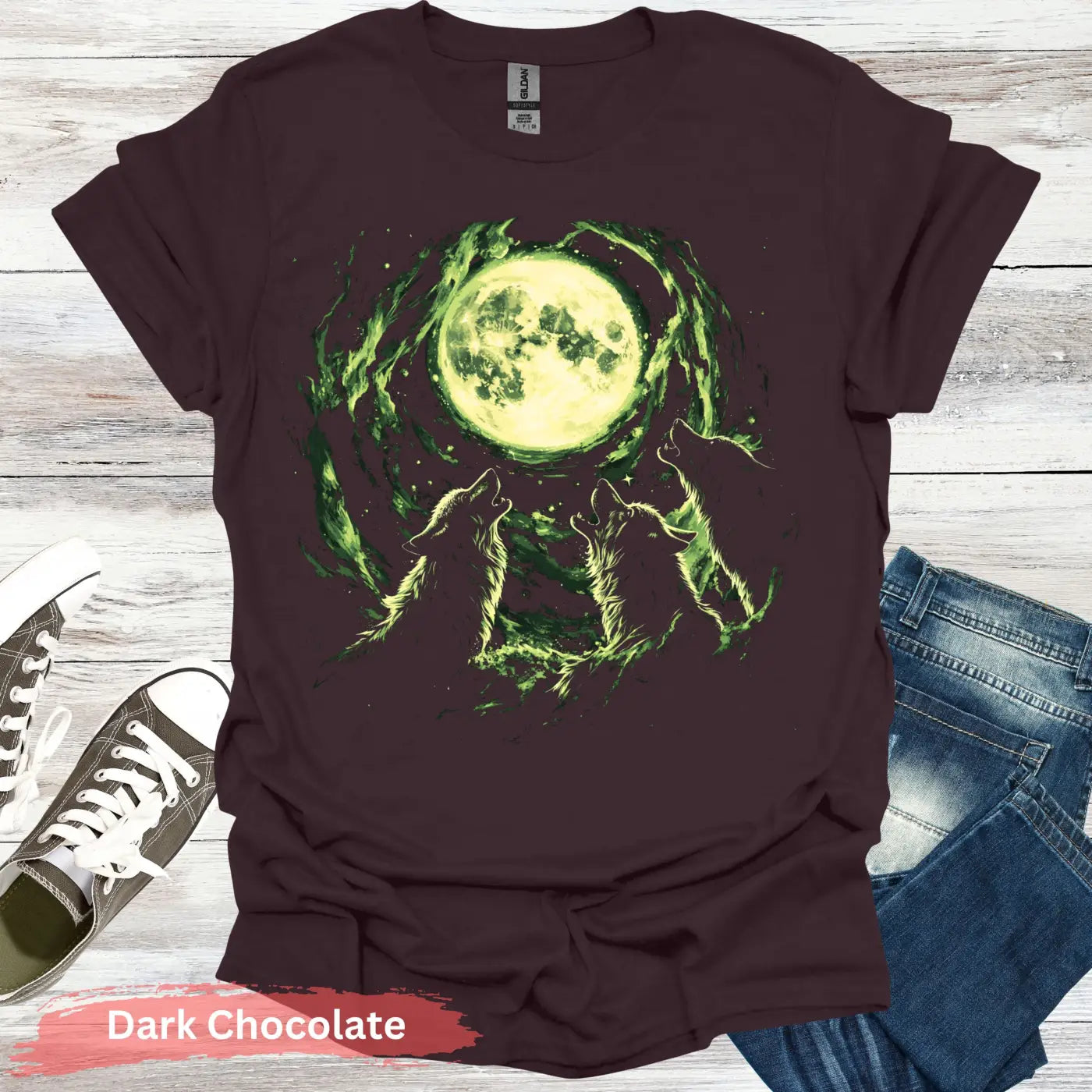 Three Wolves Howling at the Moon T-Shirt - S / Dark Chocolate - Physical Item