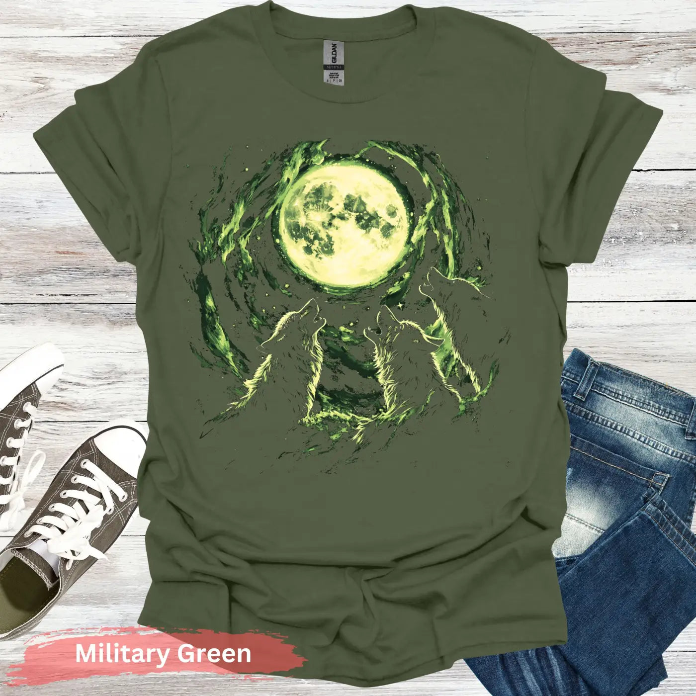 Three Wolves Howling at the Moon T-Shirt - S / Military Green - Physical Item
