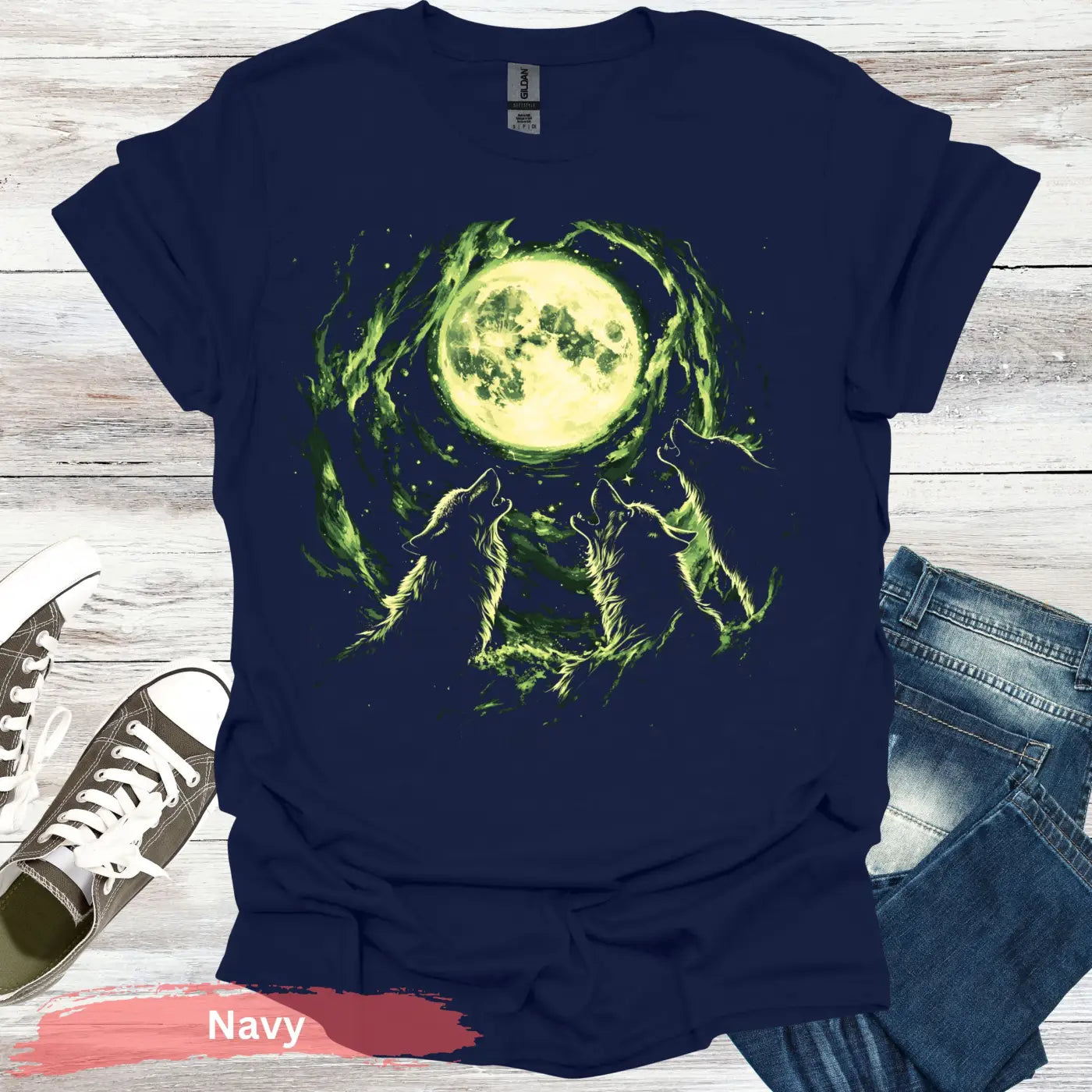Three Wolves Howling at the Moon T-Shirt - S / Navy - Physical Item