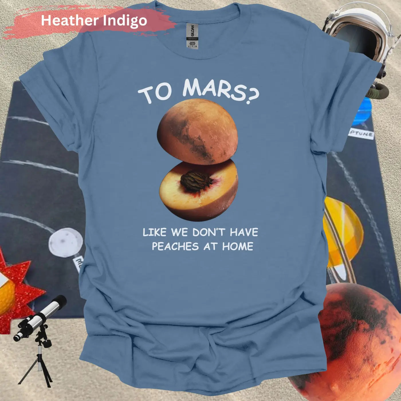 To Mars? Funny Peach and Planet Mars Pun T-shirt - S / Heather Indigo - Physical Item