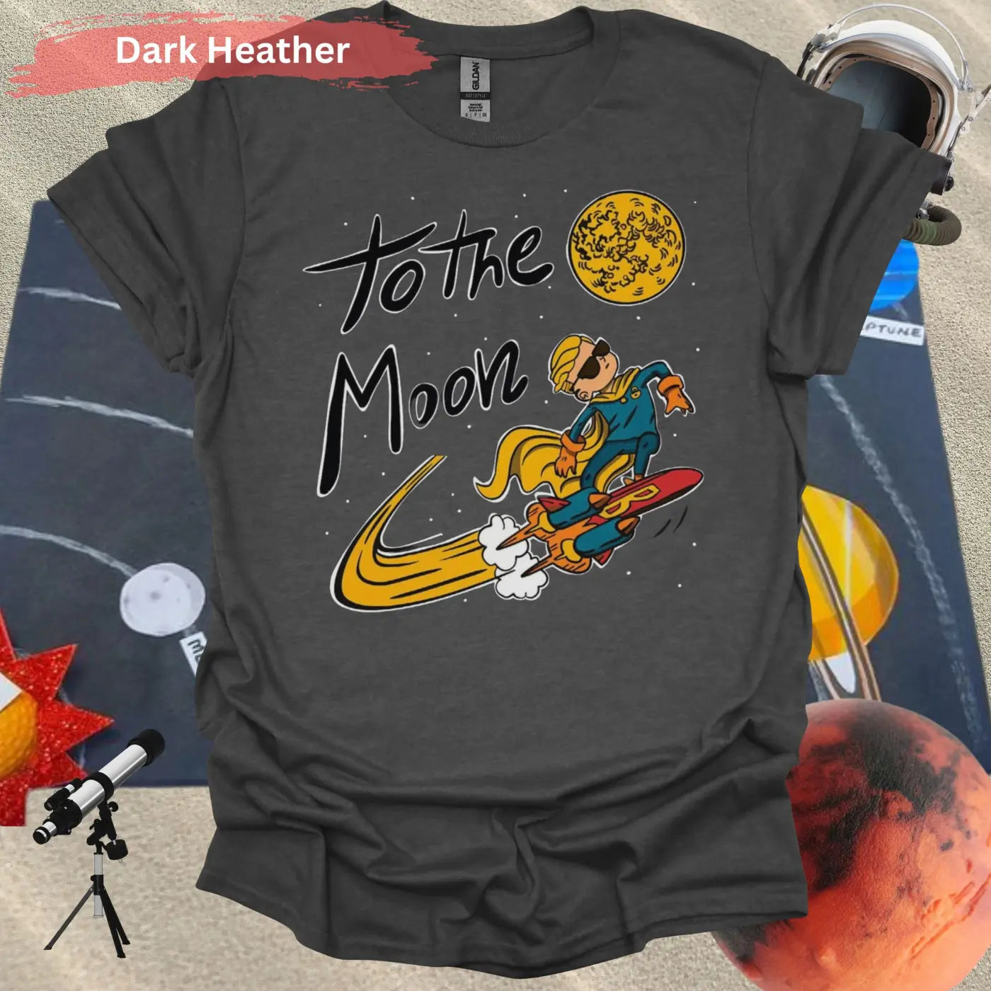 To The Moon Cool Rocket Rider T-shirt - S / Dark Heather - Physical Item