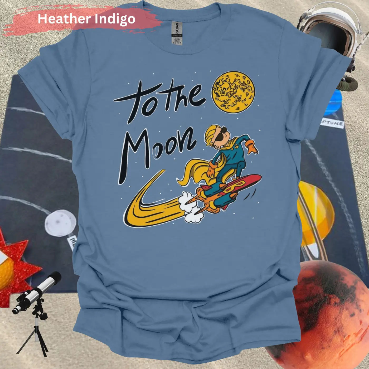 To The Moon Cool Rocket Rider T-shirt - S / Heather Indigo - Physical Item