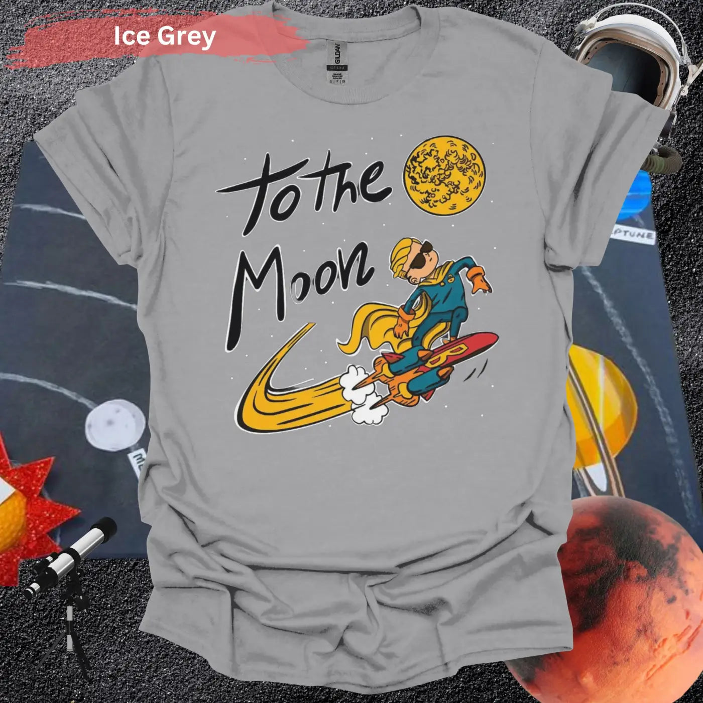 To The Moon Cool Rocket Rider T-shirt - S / Ice Grey - Physical Item