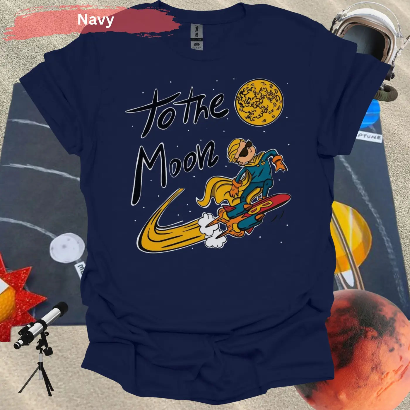 To The Moon Cool Rocket Rider T-shirt - S / Navy - Physical Item