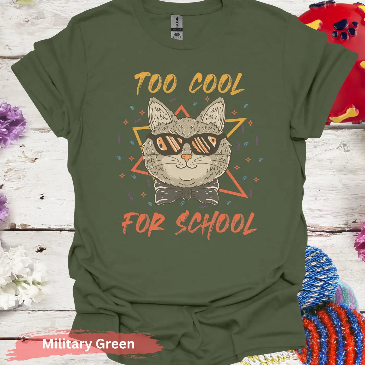 Too Cool For School Cat T-Shirt - S / Military Green - Physical Item