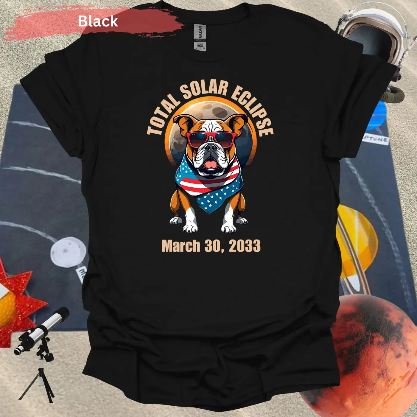 Total Solar Eclipse Bulldog March 30 2033 T-Shirt - S / Black - Physical Item