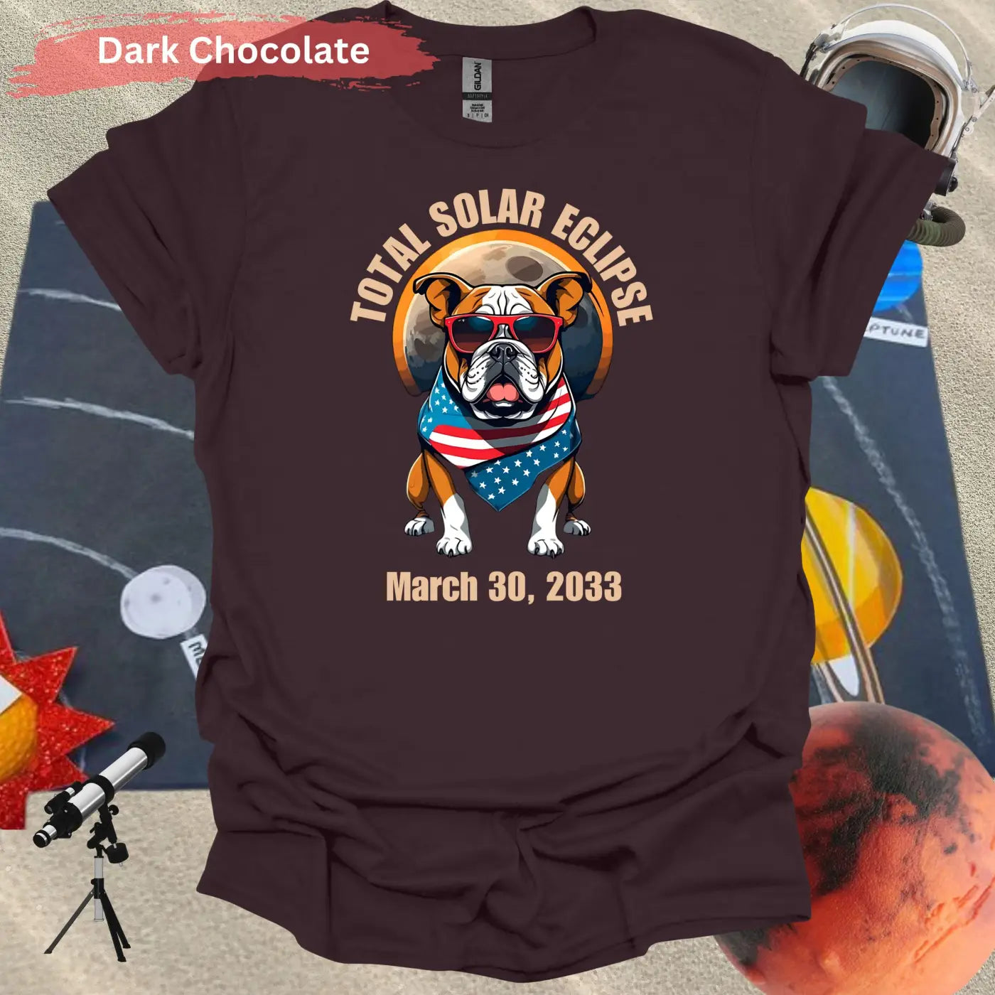 Total Solar Eclipse Bulldog March 30 2033 T-Shirt - S / Dark Chocolate - Physical Item