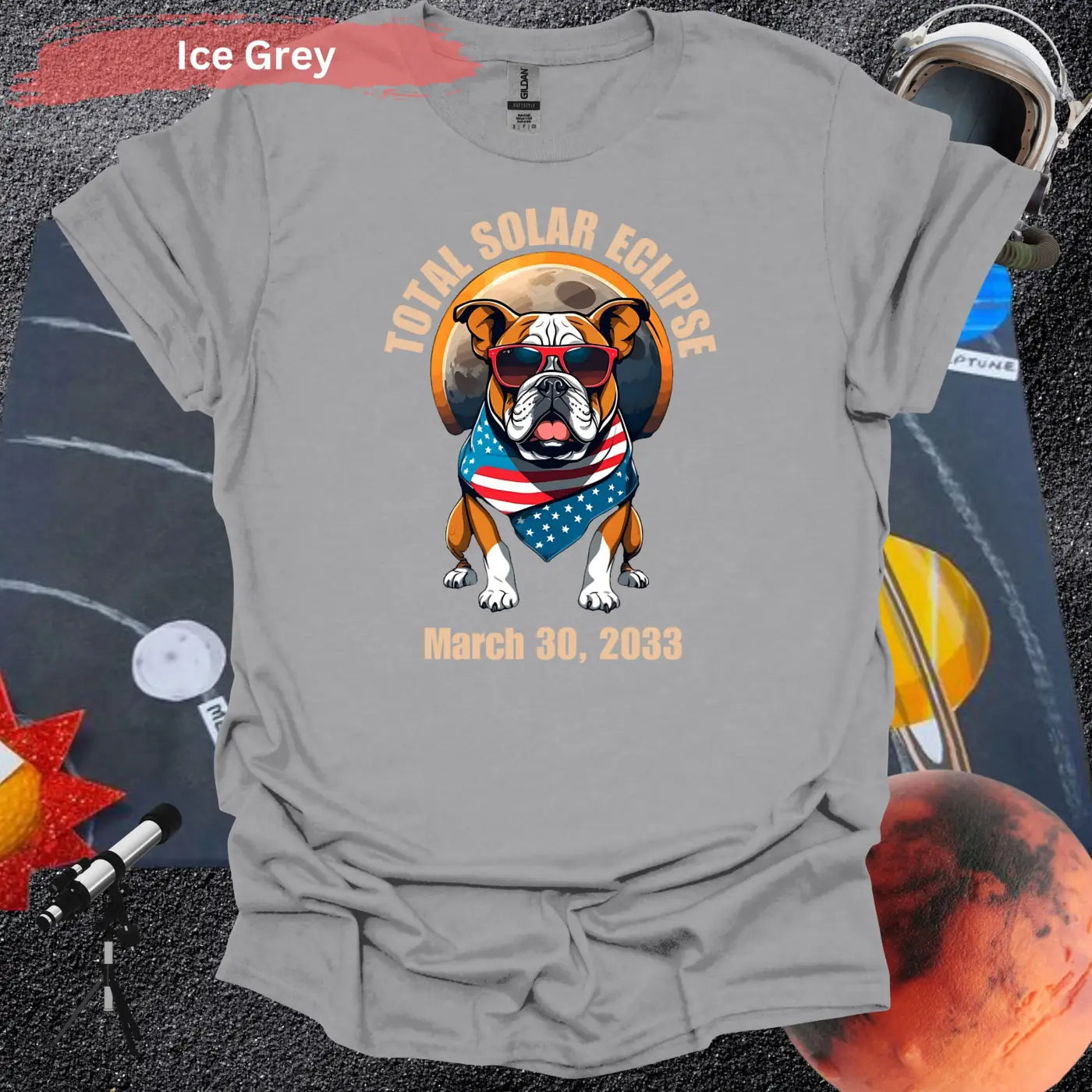 Total Solar Eclipse Bulldog March 30 2033 T-Shirt - S / Ice Grey - Physical Item