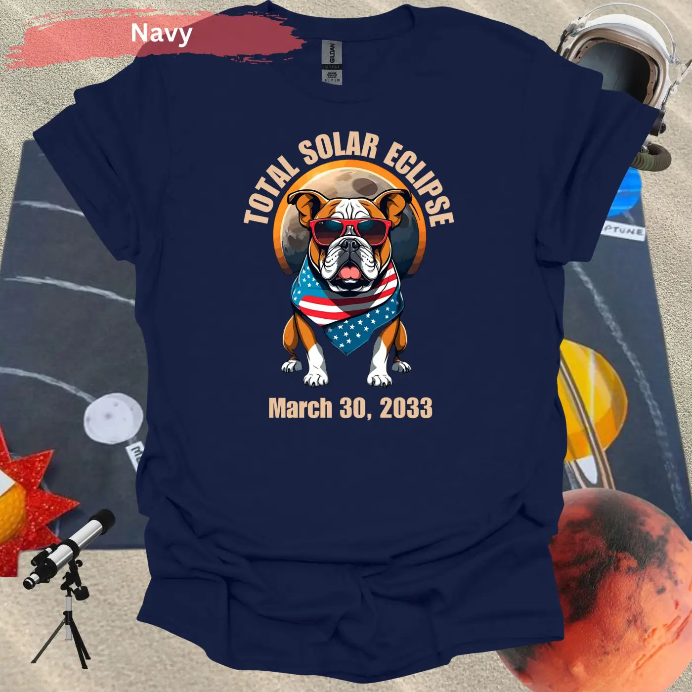 Total Solar Eclipse Bulldog March 30 2033 T-Shirt - S / Navy - Physical Item