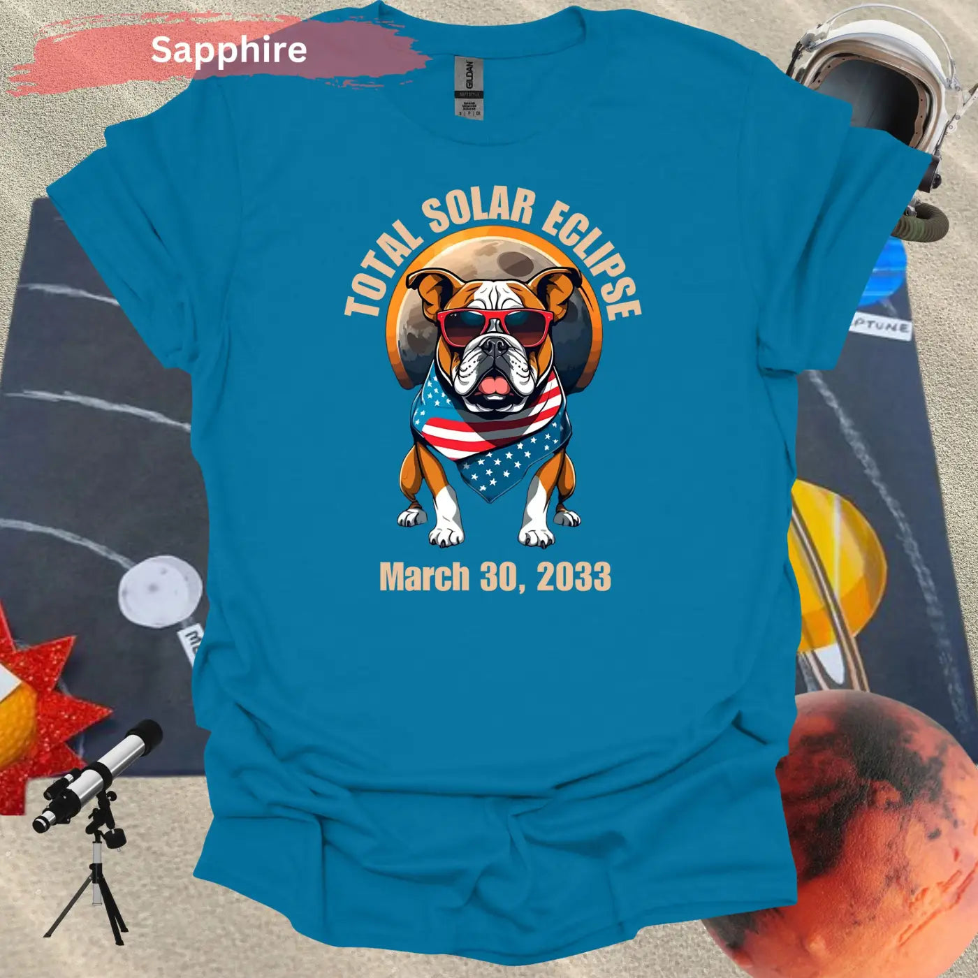 Total Solar Eclipse Bulldog March 30 2033 T-Shirt - S / Sapphire - Physical Item