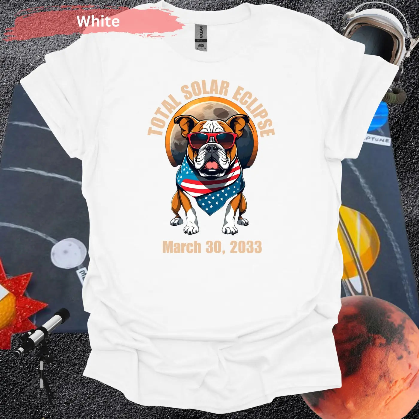 Total Solar Eclipse Bulldog March 30 2033 T-Shirt - S / White - Physical Item