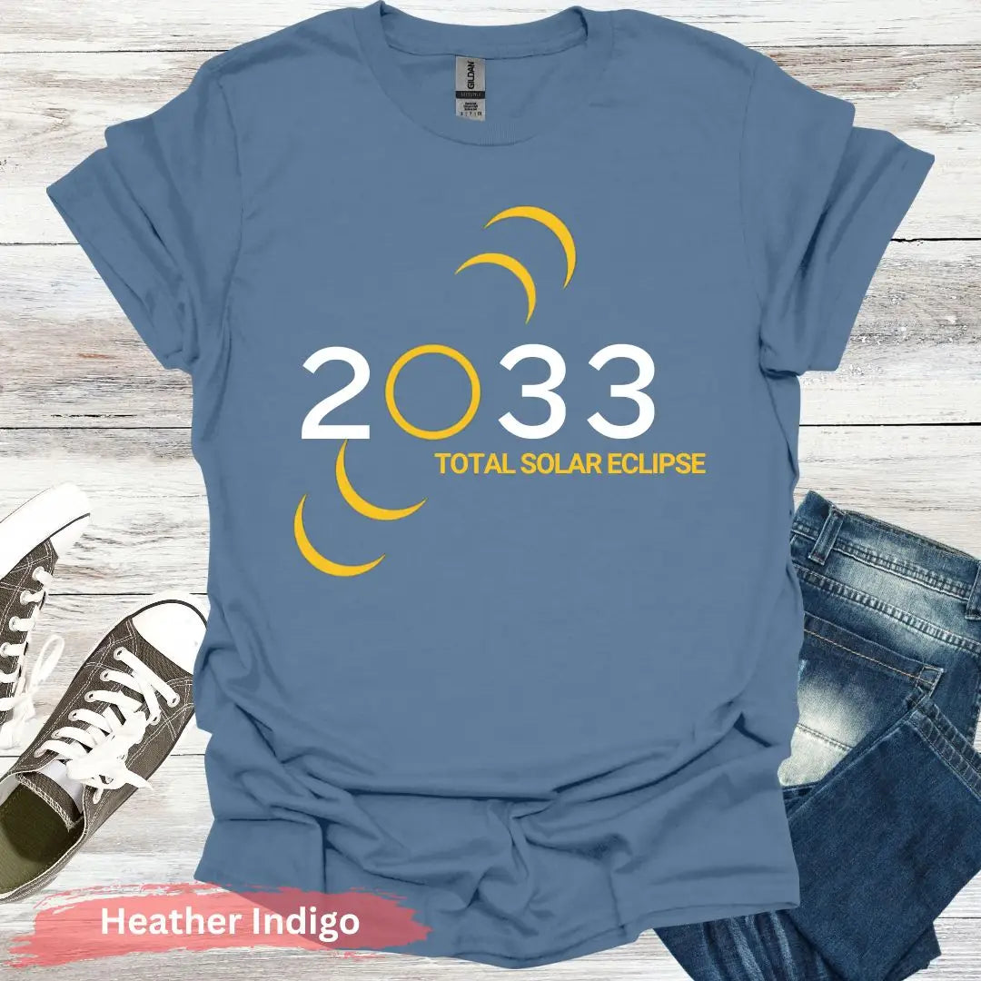 USA Total Solar Eclipse 2033 T-Shirt - S / Heather Indigo - Physical Item