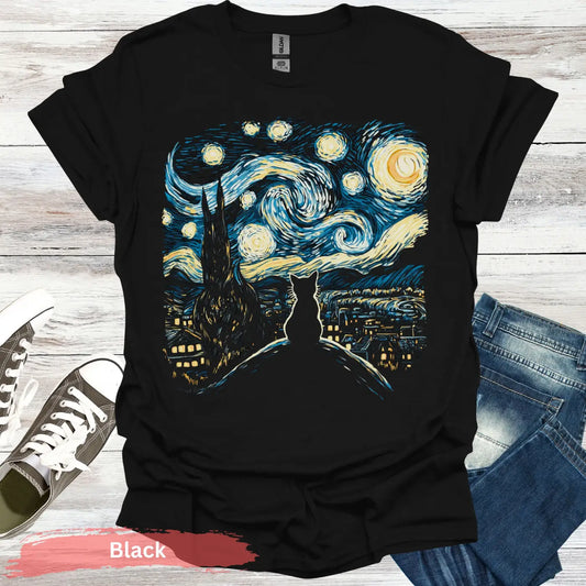 Van Gogh Starry Night Cat Silhouette T-Shirt - S / Black - Physical Item