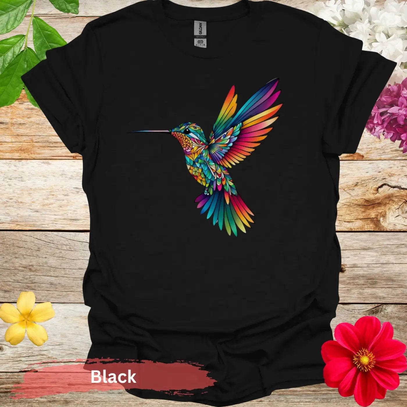 Vibrant and Colorful Hummingbird Graphic T-shirt - S / Black - Physical Item