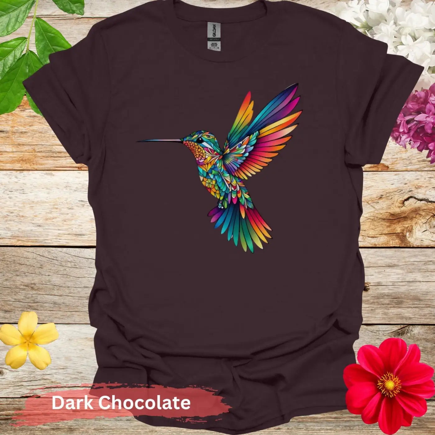 Vibrant and Colorful Hummingbird Graphic T-shirt - S / Dark Chocolate - Physical Item