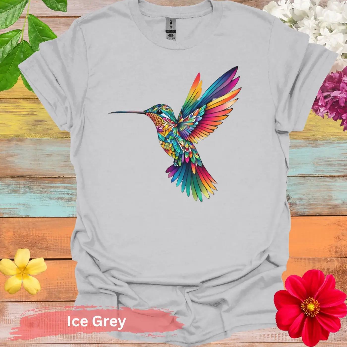 Vibrant and Colorful Hummingbird Graphic T-shirt - S / Ice Grey - Physical Item