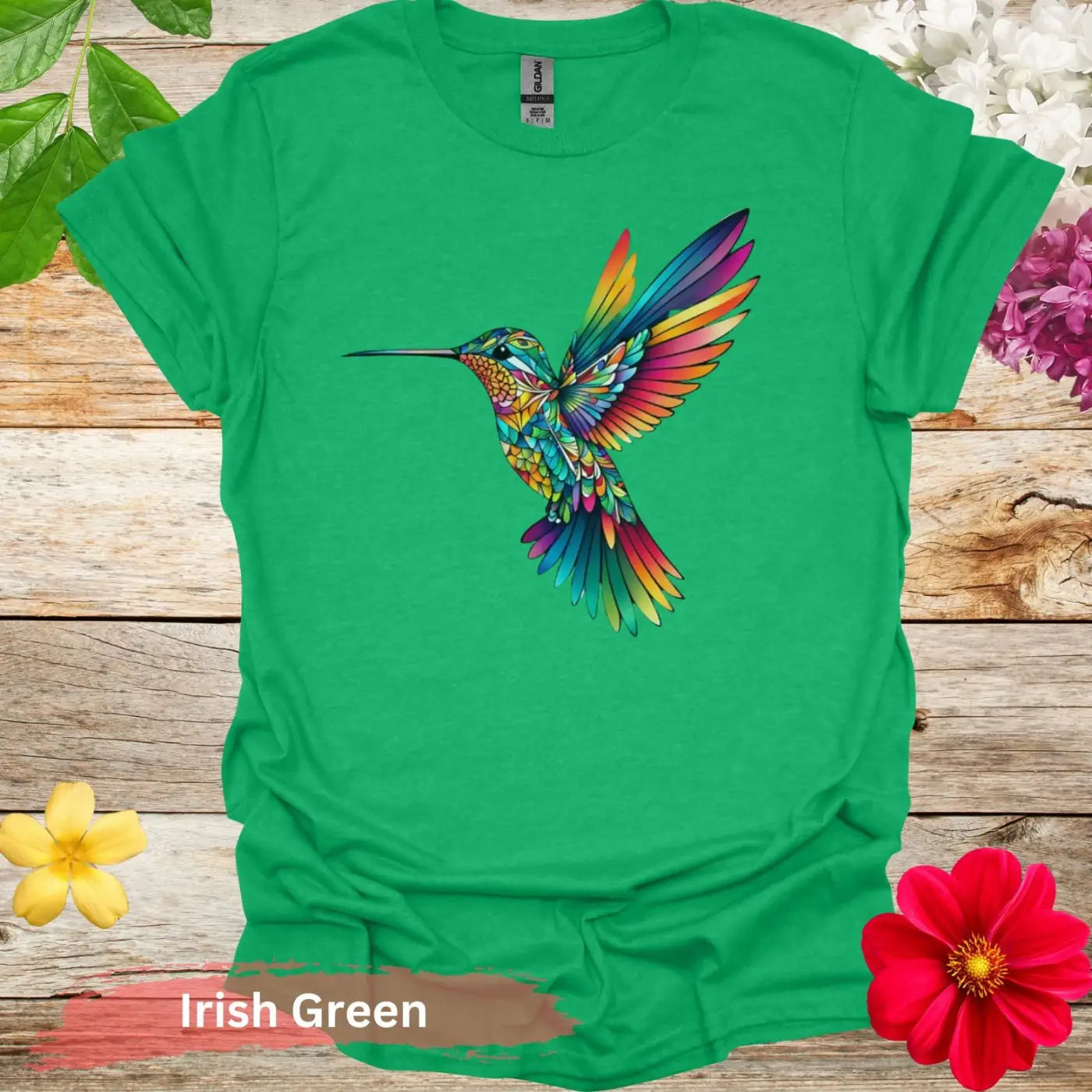 Vibrant and Colorful Hummingbird Graphic T-shirt - S / Irish Green - Physical Item