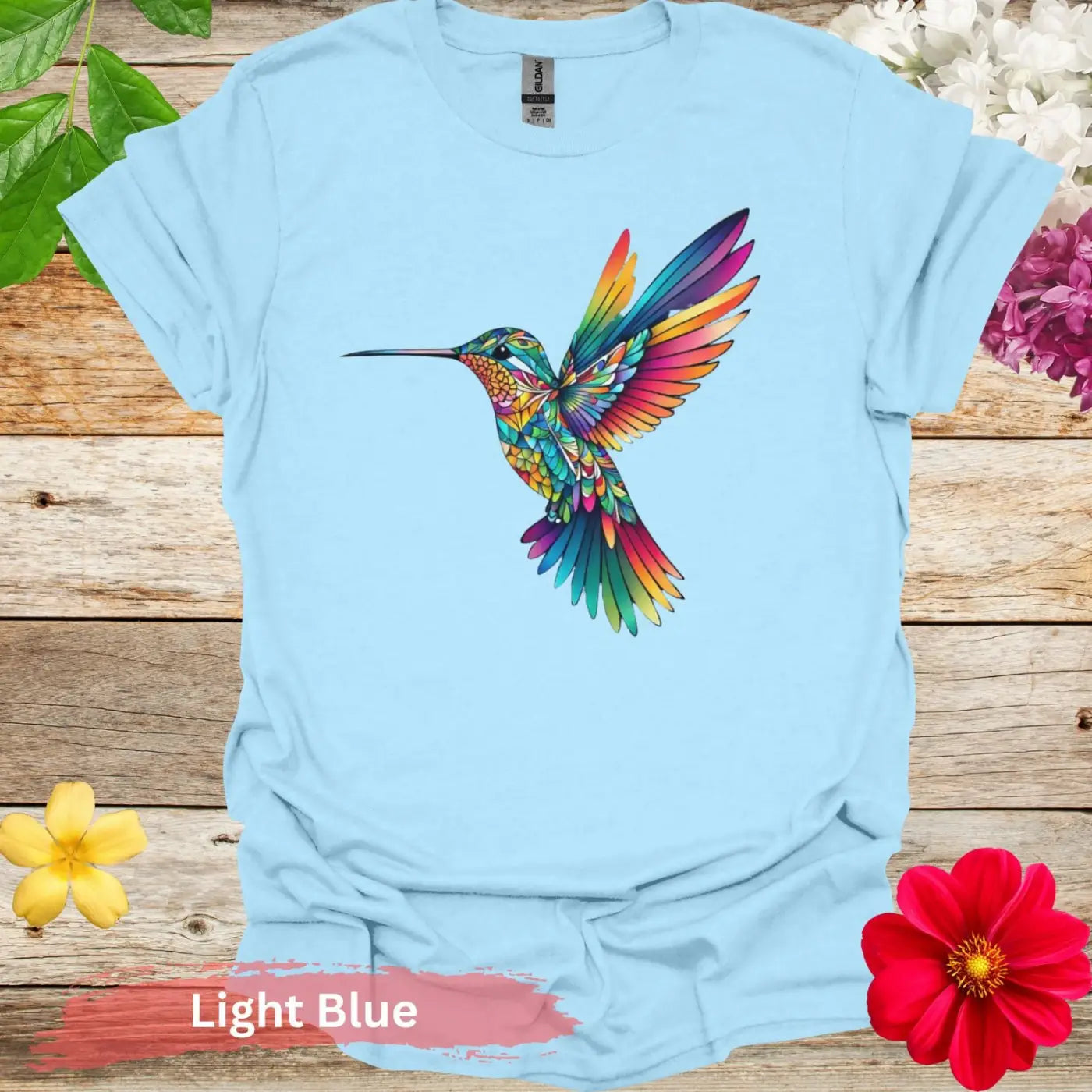 Vibrant and Colorful Hummingbird Graphic T-shirt - S / Light Blue - Physical Item