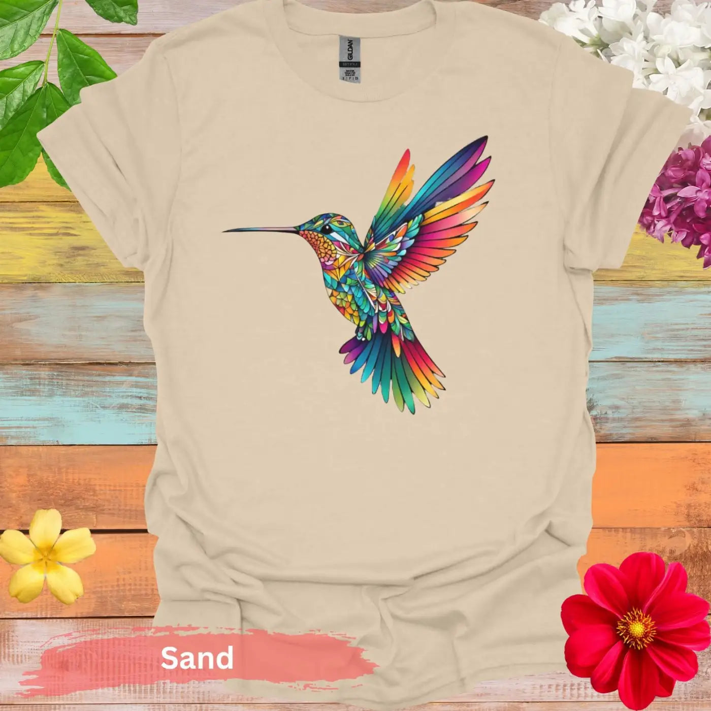 Vibrant and Colorful Hummingbird Graphic T-shirt - S / Sand - Physical Item