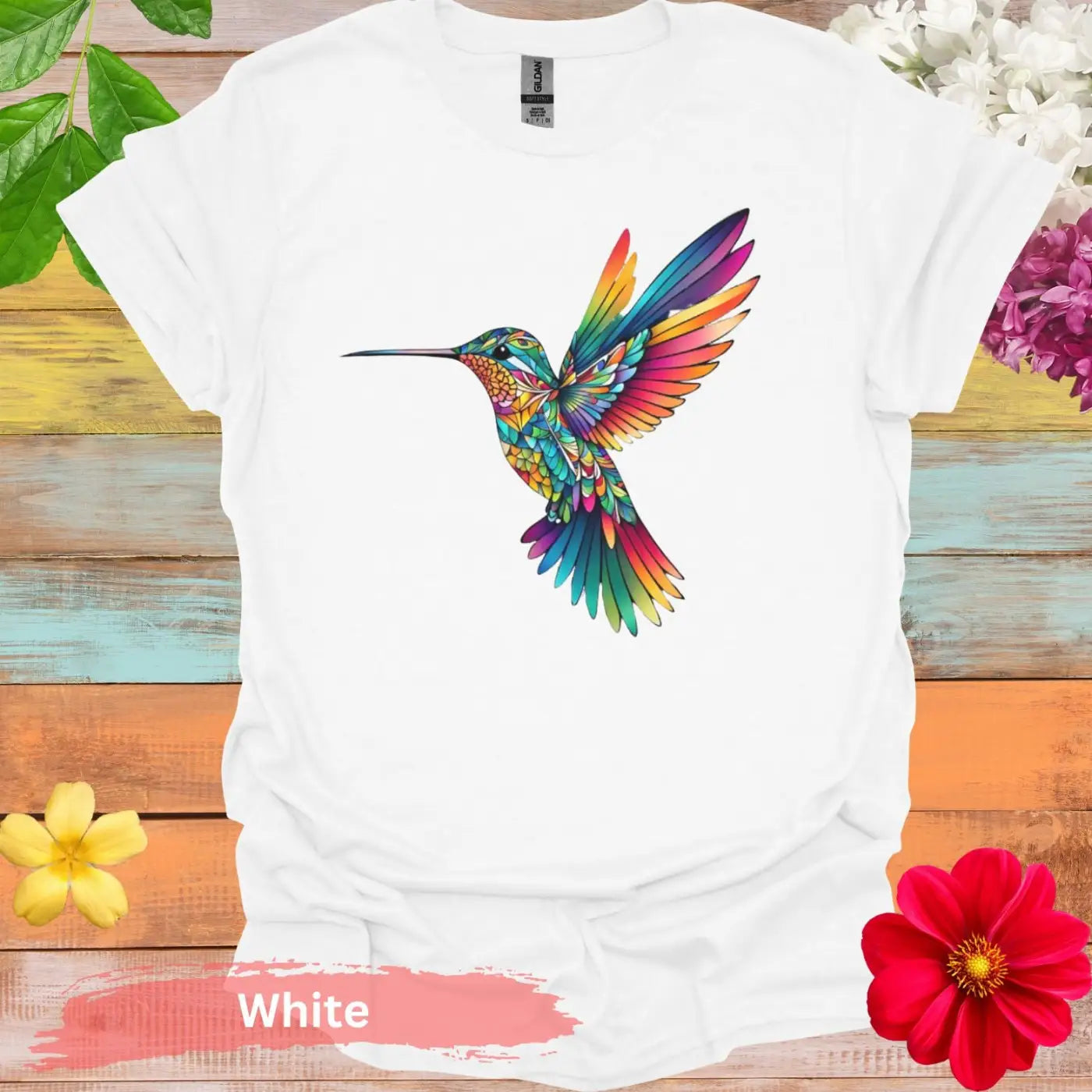 Vibrant and Colorful Hummingbird Graphic T-shirt - S / White - Physical Item