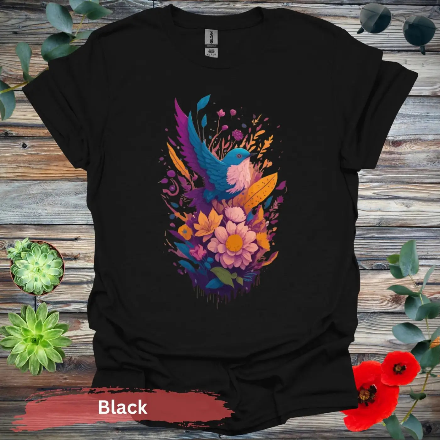 VIbrant Bird and Floral Graphic T-shirt - S / Black - Physical Item