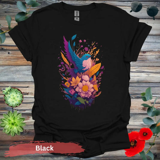 VIbrant Bird and Floral Graphic T-shirt - S / Black - Physical Item