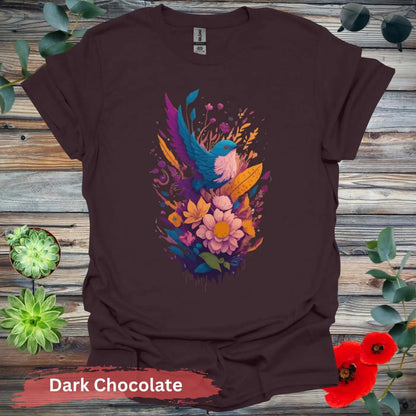 VIbrant Bird and Floral Graphic T-shirt - S / Dark Chocolate - Physical Item