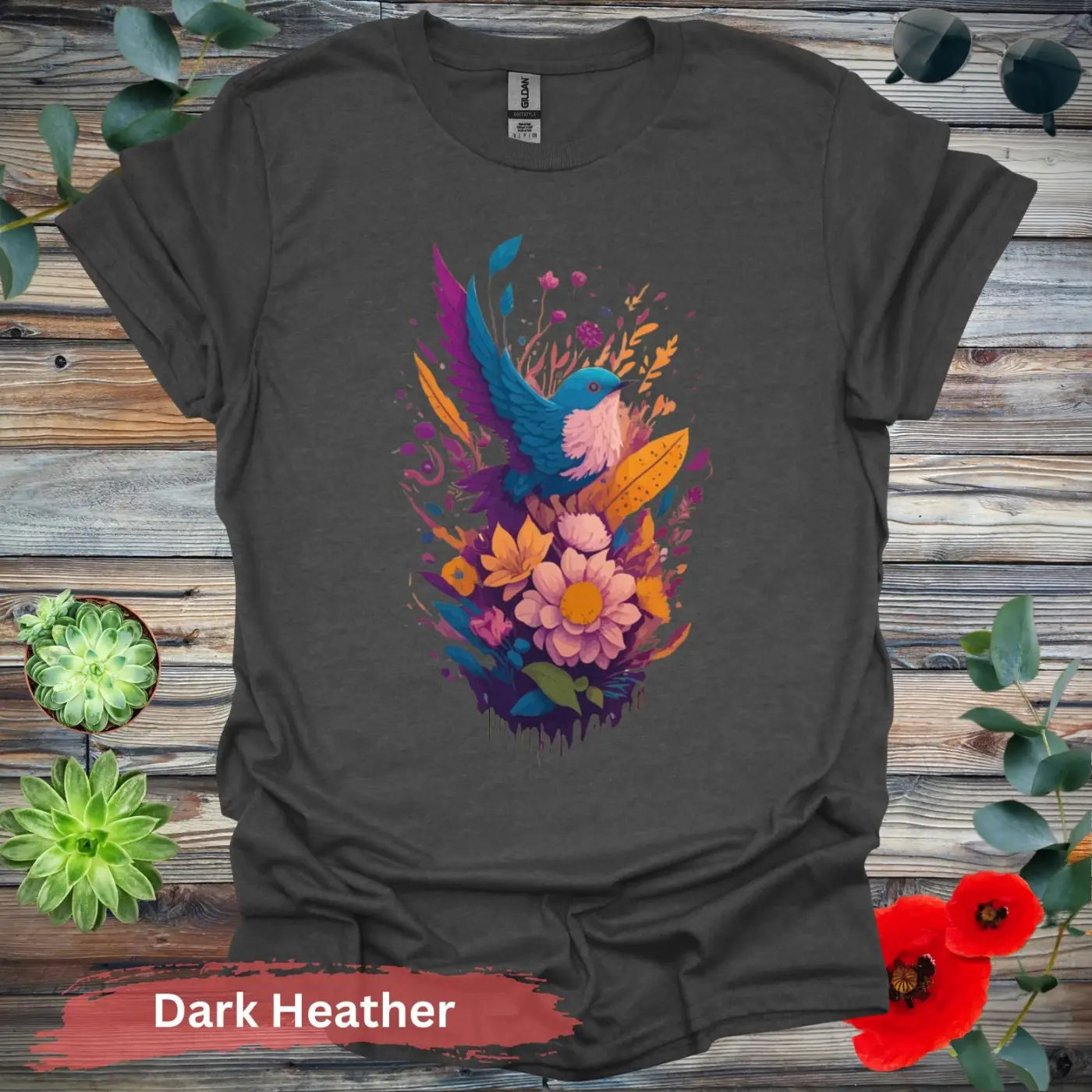 VIbrant Bird and Floral Graphic T-shirt - S / Dark Heather - Physical Item